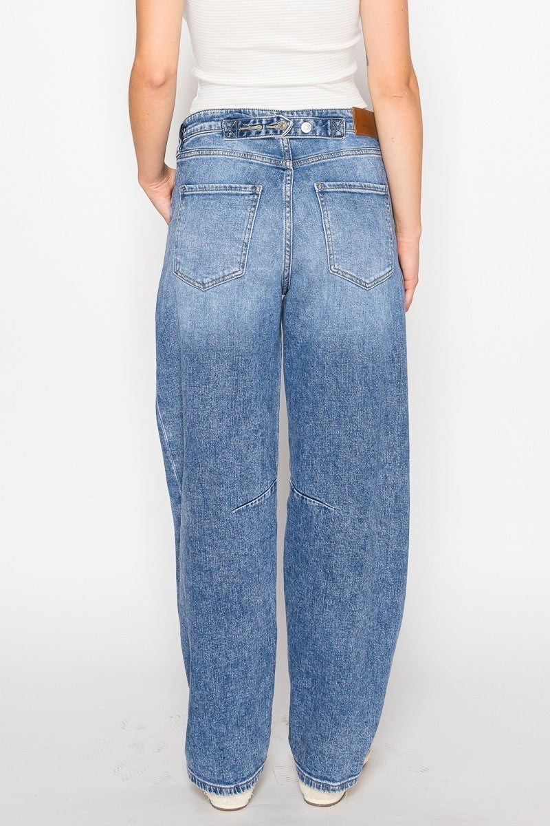 Artemis Vintage Sloane high-rise barrel jeans with an adjustable waistband, medium wash, and tapered cropped leg.
