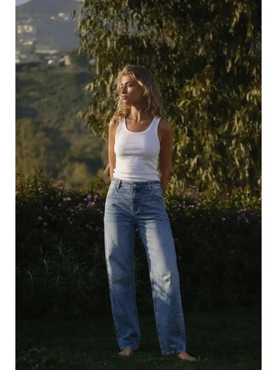 Artemis Vintage Sloane high-rise barrel jeans with an adjustable waistband, medium wash, and tapered cropped leg.