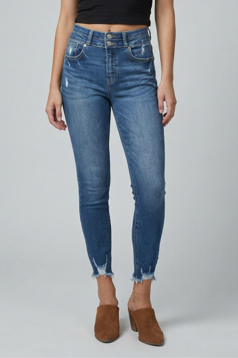 Artemis Vintage Rebel ultra-high-rise skinny ankle jeans with a corset-style double waistband and distressed hem.