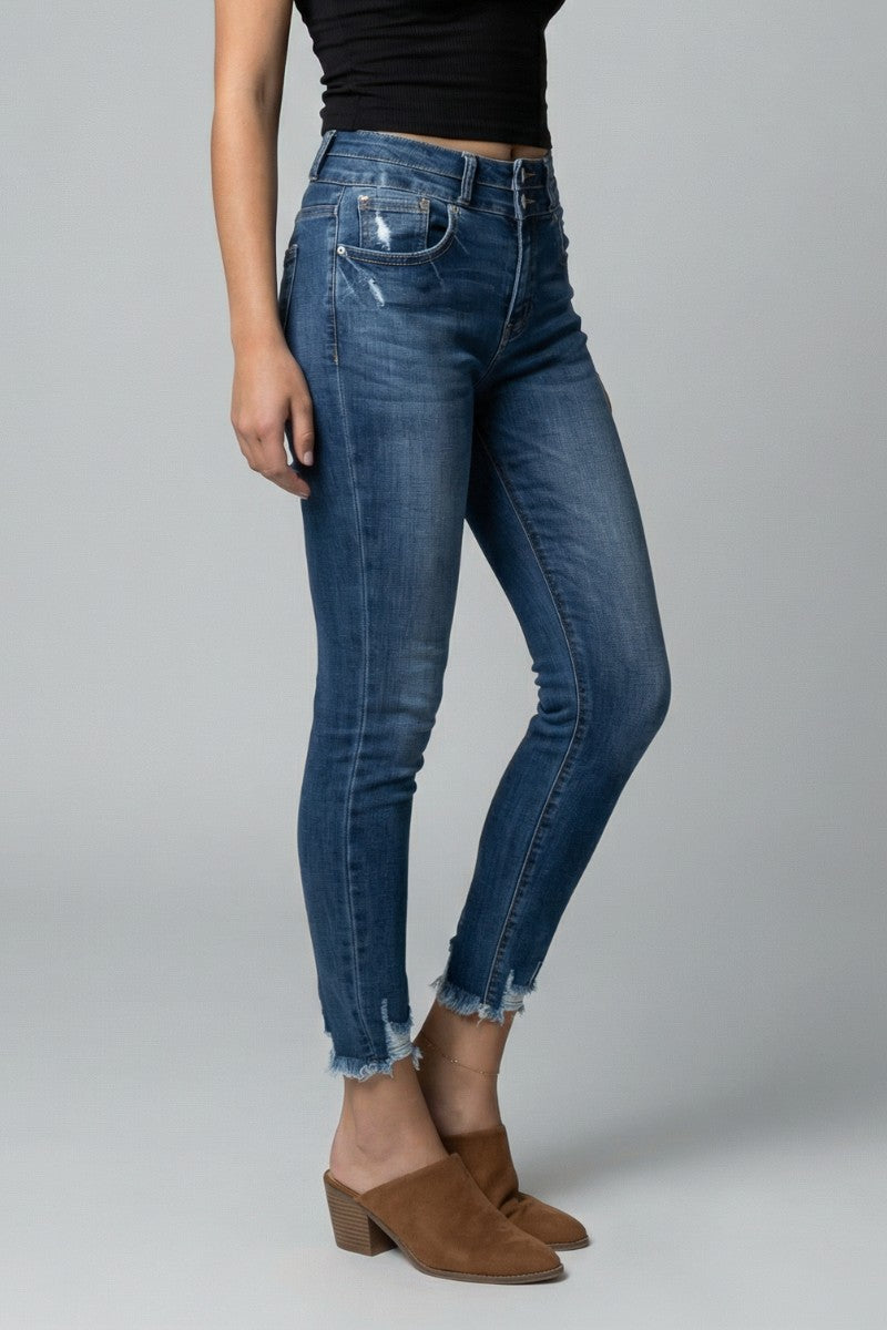 Artemis Vintage Rebel ultra-high-rise skinny ankle jeans with a corset-style double waistband and distressed hem.