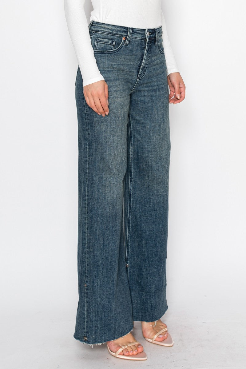 Jeans de mujer Elise de tiro alto con efecto control de abdomen, puños y pierna ancha