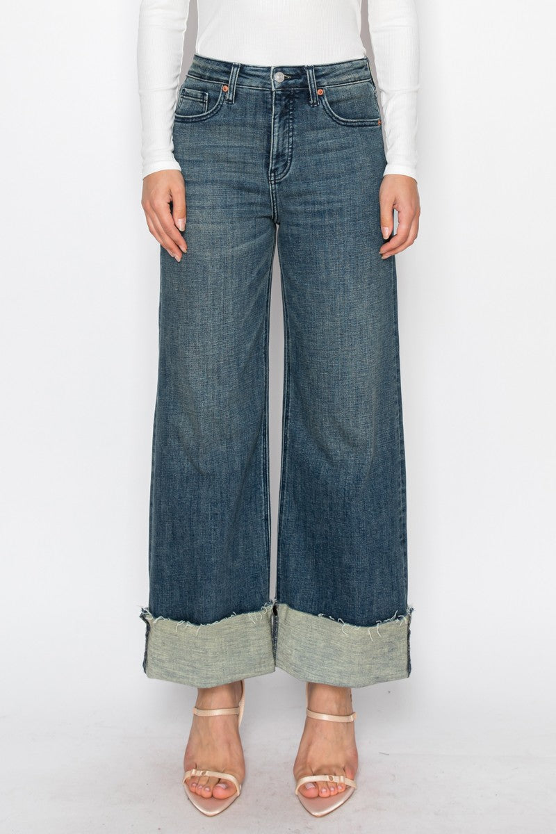 Jeans de mujer Elise de tiro alto con efecto control de abdomen, puños y pierna ancha