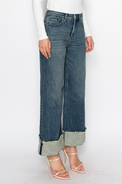 Jeans de mujer Elise de tiro alto con efecto control de abdomen, puños y pierna ancha