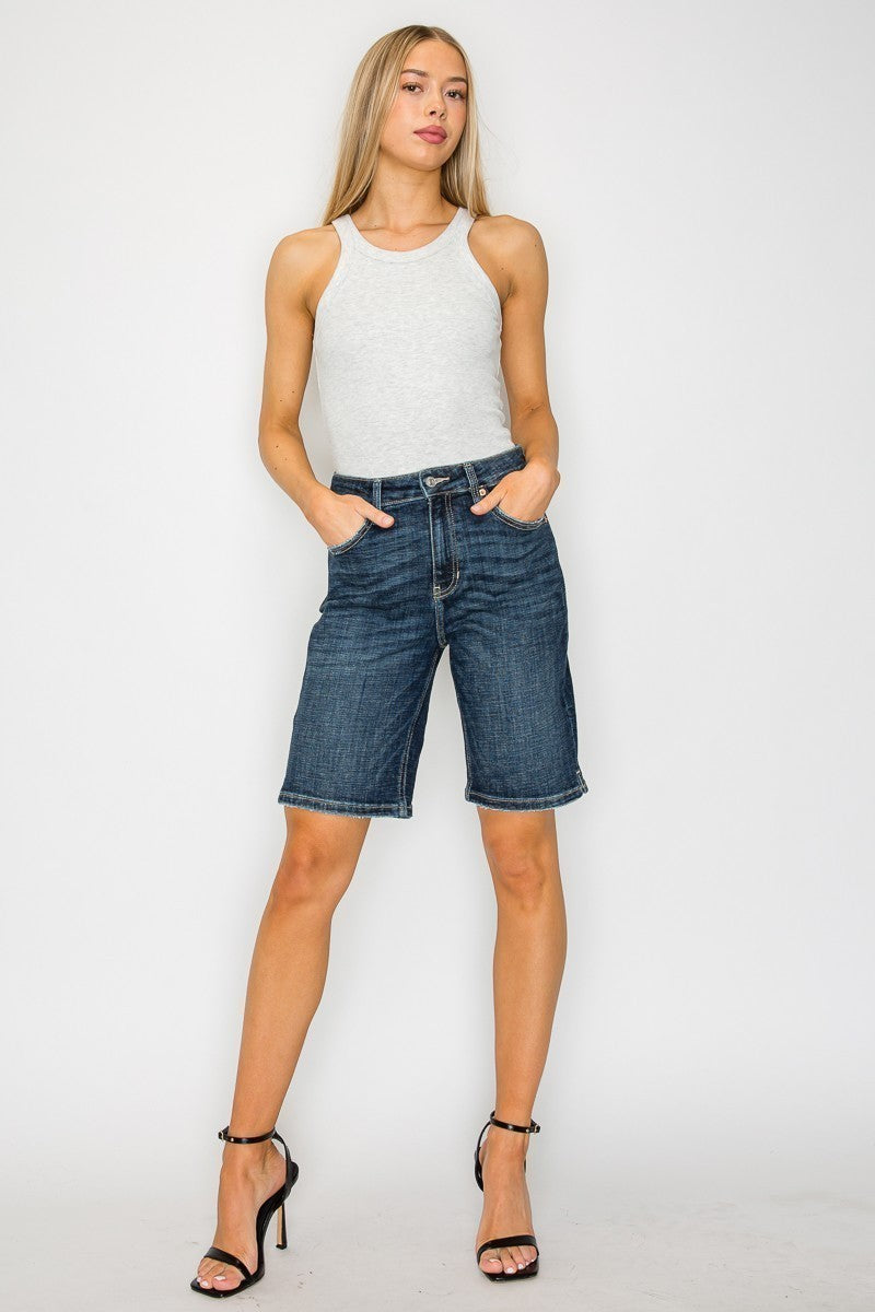 Jean bermuda Celeste taille haute délavage foncé