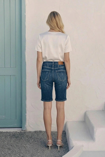 Jean bermuda Celeste taille haute délavage foncé