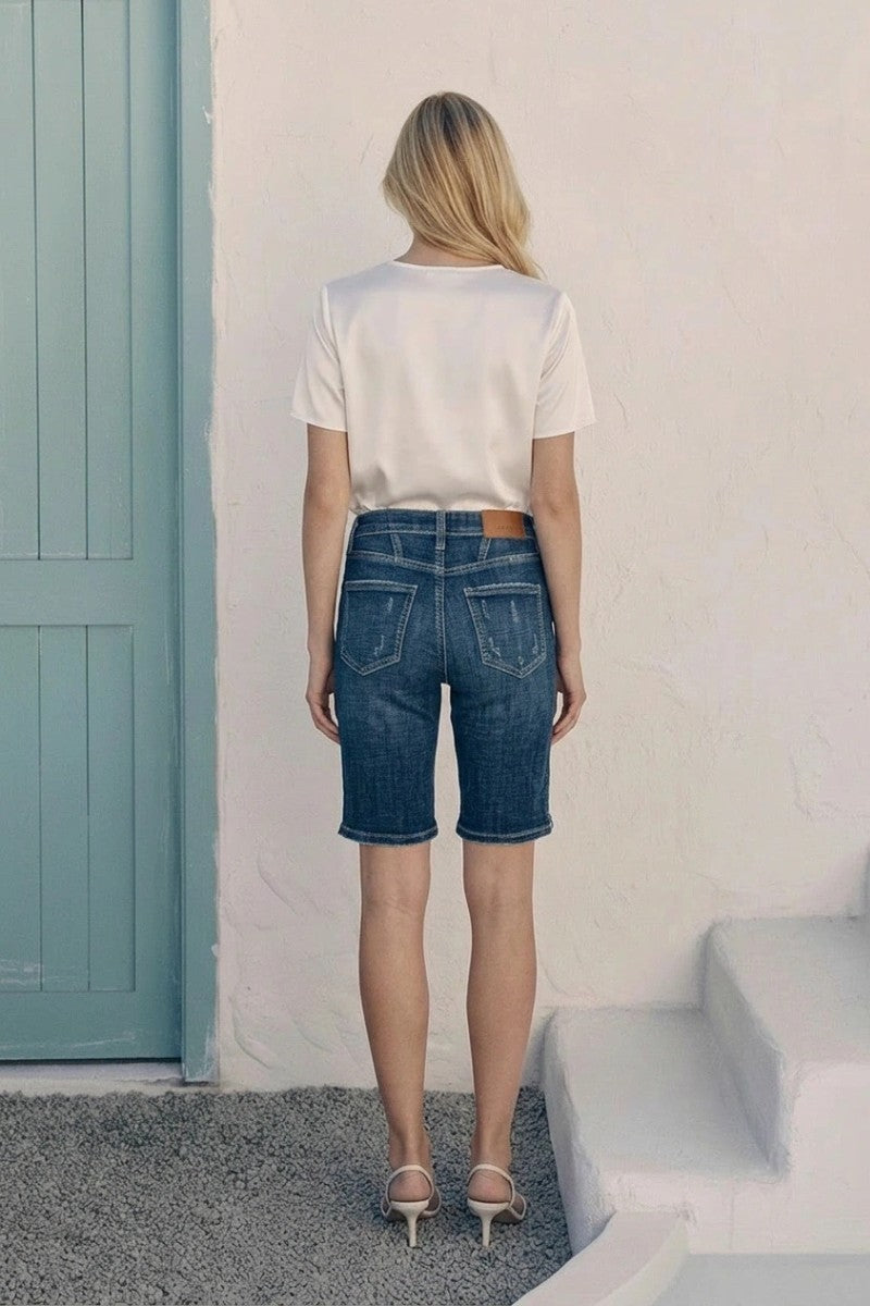 Jean bermuda Celeste taille haute délavage foncé