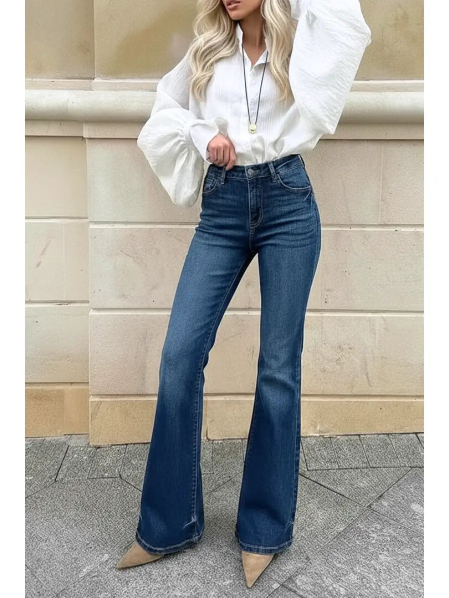 Artemis Vintage Leilani high-rise tummy-control Holly flare jeans in dark-wash stretch denim.