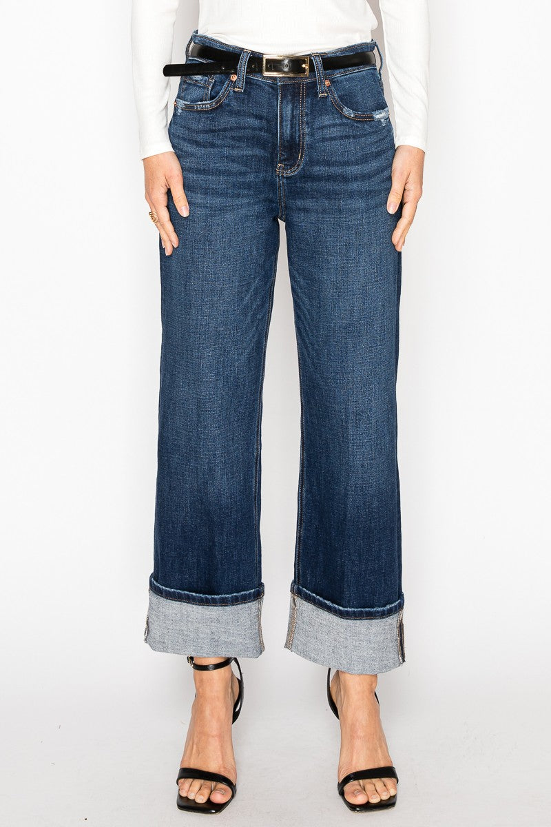 Artemis Vintage Noelle high-rise relaxed straight-leg jeans in a dark wash with a convertible cuff.