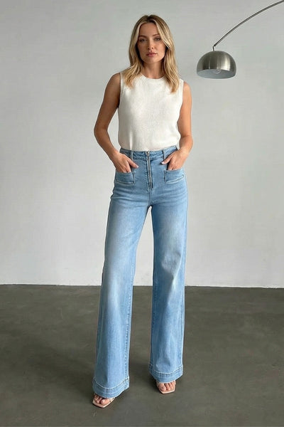 Noemi medium stone-wash high-rise flare jeans with front-pocket detailing by Artemis Vintage; product view 1.