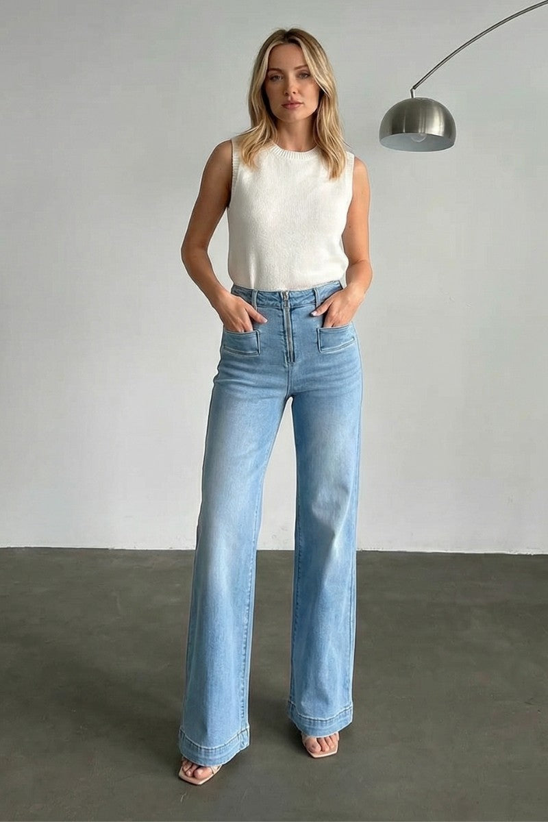 Noemi medium stone-wash high-rise flare jeans with front-pocket detailing by Artemis Vintage; product view 1.