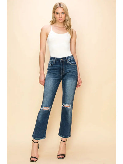 High Rise Stretch Distressed Ankle Straight Jeans – Dark Stone Wash