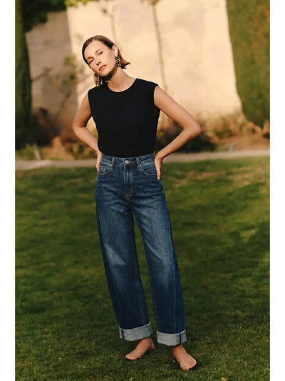 Artemis Vintage dark stone-wash high-rise barrel jeans with a relaxed tapered leg and cuffed hem; product view 2.