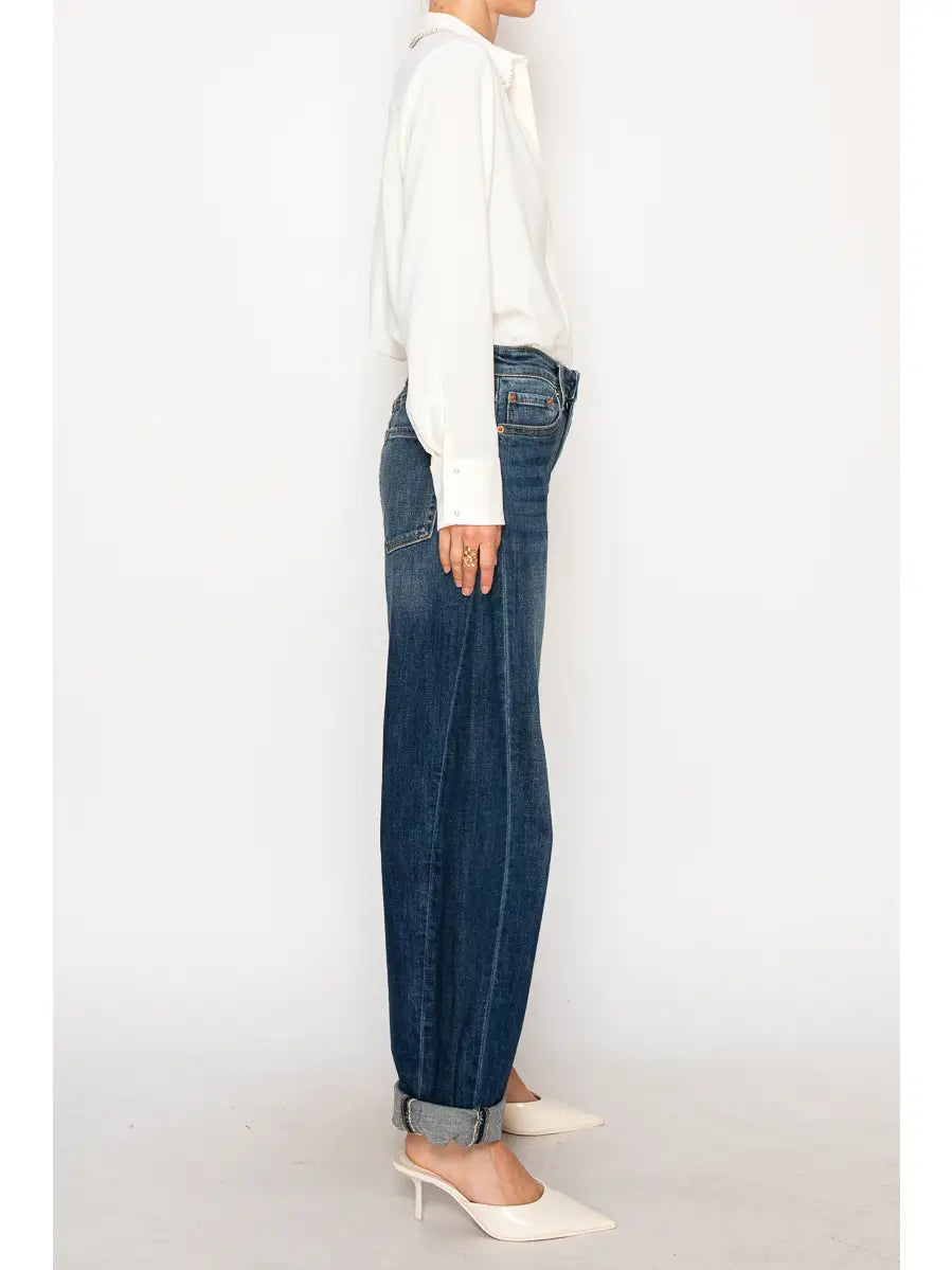 Artemis Vintage dark stone-wash high-rise barrel jeans with a relaxed tapered leg and cuffed hem; product view 6.