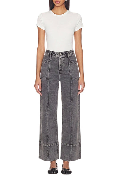 Artemis Vintage light-grey high-rise tummy-control palazzo jeans with a wide leg and raw-edge hem.