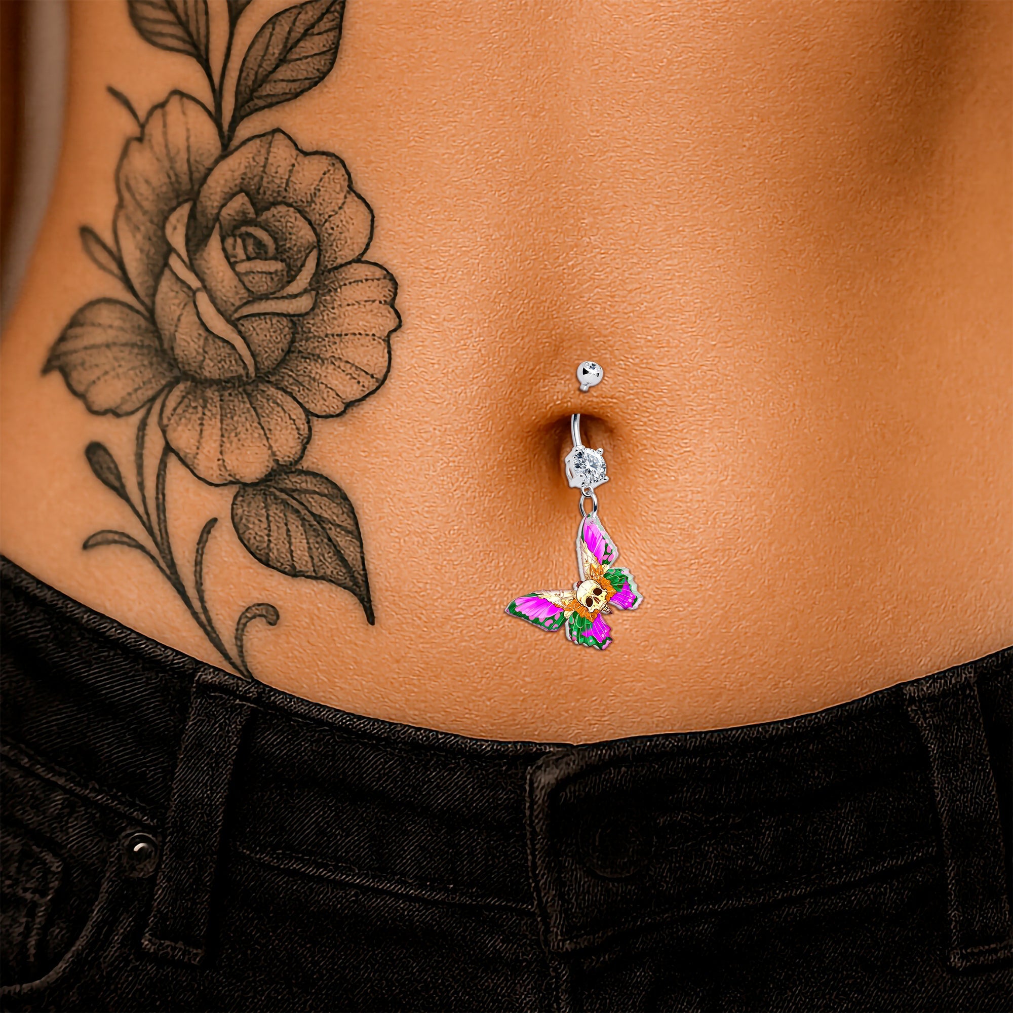 Butterfly Skull Dangle Belly Ring – Onyx O