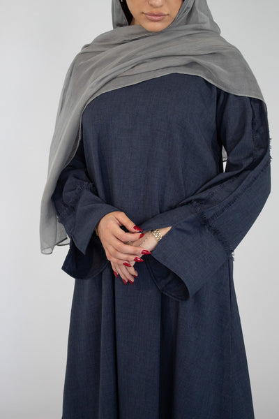 Aisha Linen-Blend Fringe Abaya — Navy, product view 5.