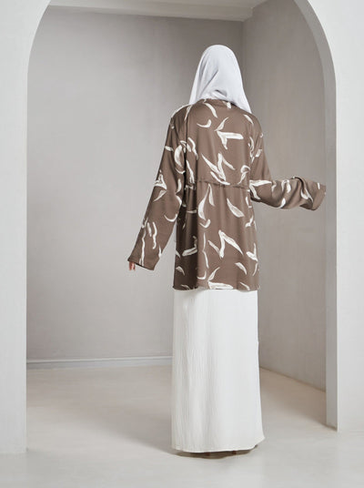Aliza Printed Crinkled-Satin Jacket — Brown, product view 2.