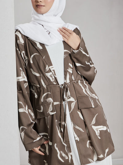 Aliza Printed Crinkled-Satin Jacket — Brown, product view 3.