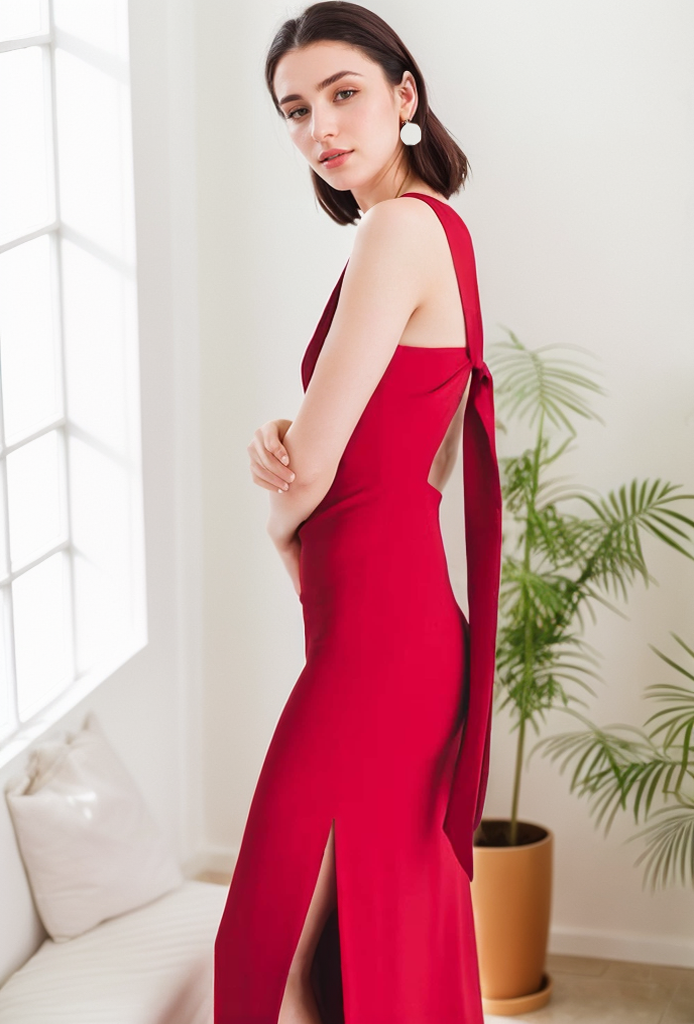 SelenaHuanStudio Red Bateau-Neck Satin Pencil Dress, product view 4.