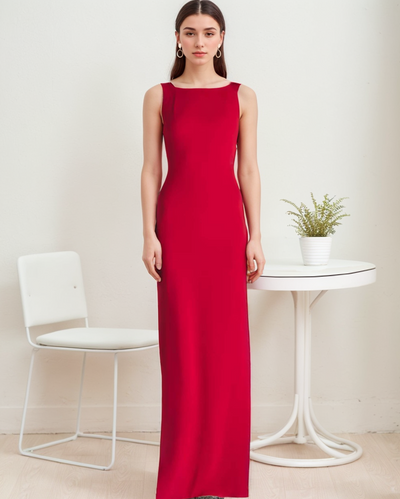 SelenaHuanStudio Red Bateau-Neck Satin Pencil Dress, product view 1.
