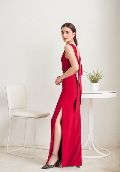 SelenaHuanStudio Red Bateau-Neck Satin Pencil Dress, product view 3.