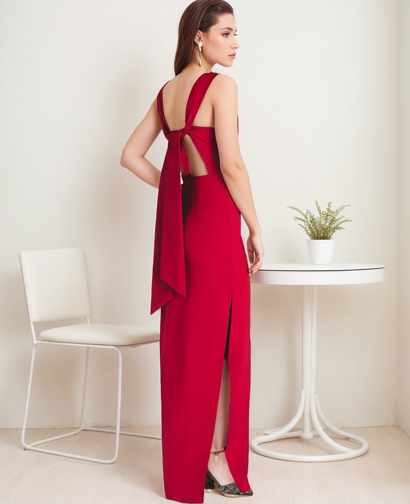 SelenaHuanStudio Red Bateau-Neck Satin Pencil Dress, product view 2.