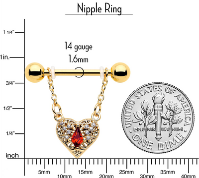 14G 9/16 Red CZ Gem Gold Tone Heart Queen Dangle Nipple Ring Set