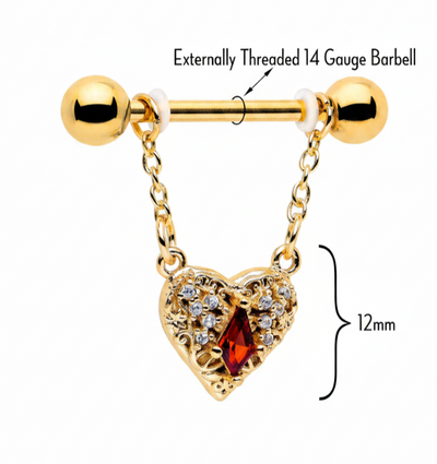 14G 9/16 Red CZ Gem Gold Tone Heart Queen Dangle Nipple Ring Set