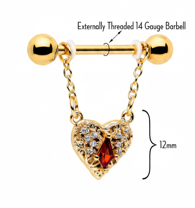 14G 9/16 Red CZ Gem Gold Tone Heart Queen Dangle Nipple Ring Set