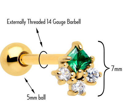 Green CZ Gem Gold Tone Rhombus Riot Barbell Tongue Ring