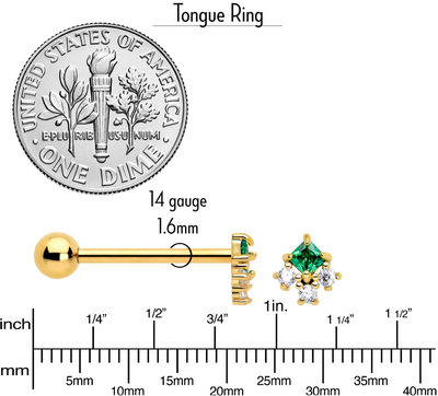 Green CZ Gem Gold Tone Rhombus Riot Barbell Tongue Ring