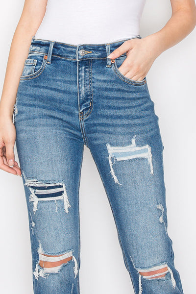 Artemis Vintage high-rise straight jeans with mesh tummy control, knee distressing, and a single cuff.