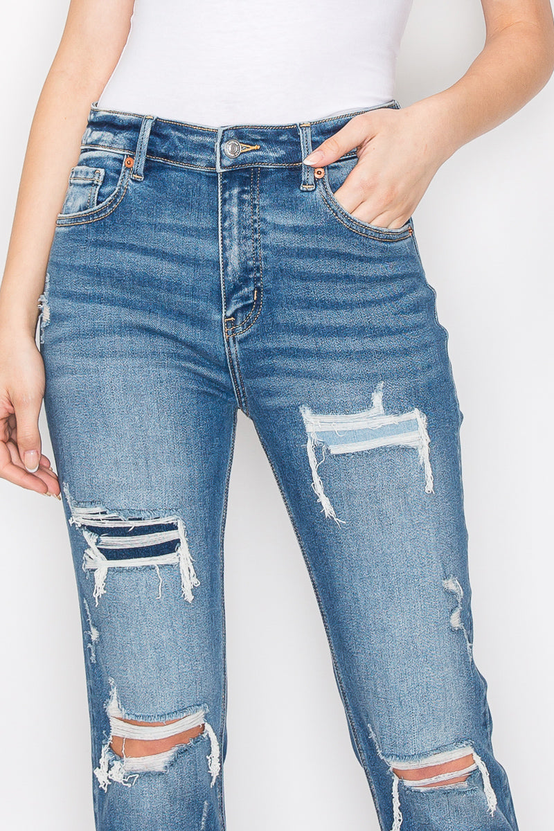 Artemis Vintage high-rise straight jeans with mesh tummy control, knee distressing, and a single cuff.