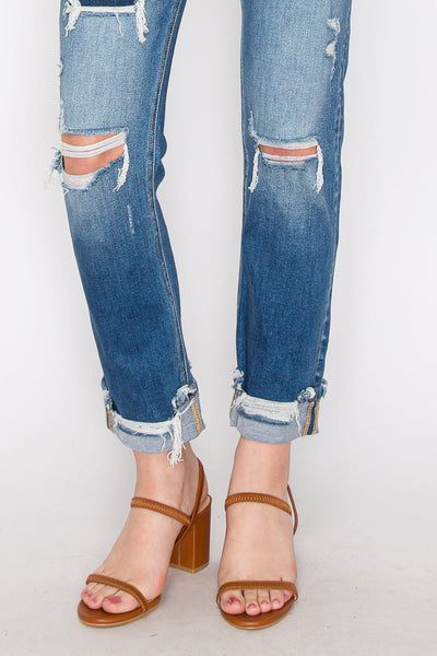 Artemis Vintage high-rise straight jeans with mesh tummy control, knee distressing, and a single cuff.