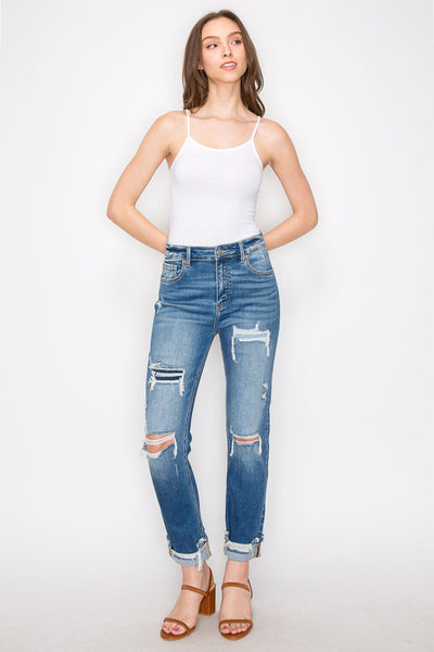 Artemis Vintage high-rise straight jeans with mesh tummy control, knee distressing, and a single cuff.