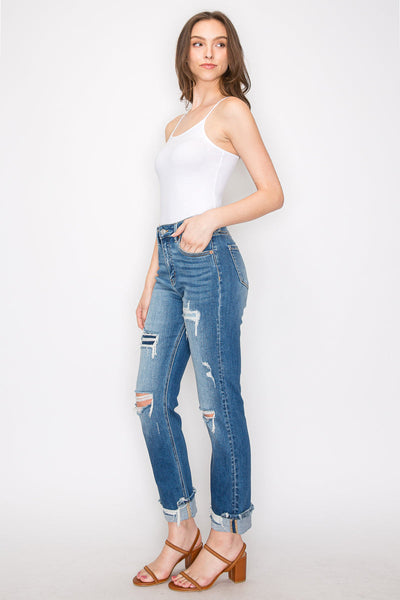 Artemis Vintage high-rise straight jeans with mesh tummy control, knee distressing, and a single cuff.