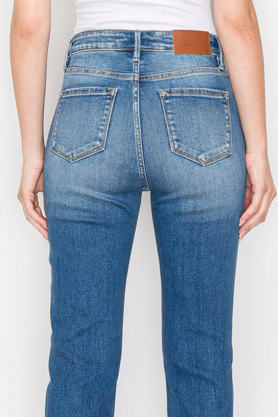 Artemis Vintage high-rise straight jeans with mesh tummy control, knee distressing, and a single cuff.