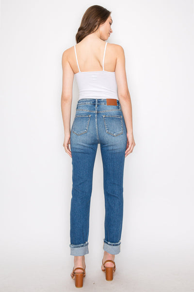 Artemis Vintage high-rise straight jeans with mesh tummy control, knee distressing, and a single cuff.