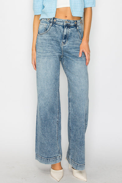 Adjustable Waistband High Rise Baggy Wide Jeans