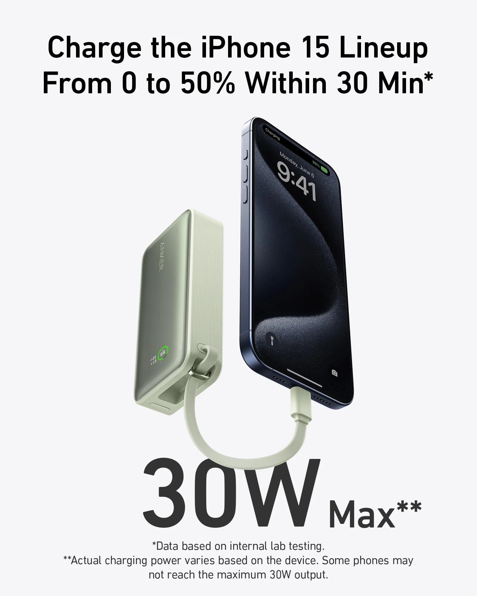 Batterie externe Anker Nano (30W, câble USB-C intégré)