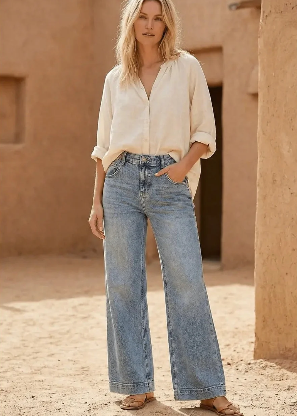 Adjustable Waistband High Rise Baggy Wide Jeans