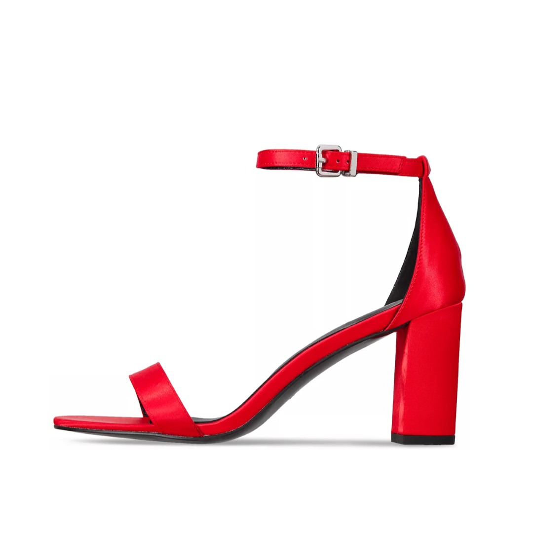 ZOE Red Satin Block-Heel Sandals
