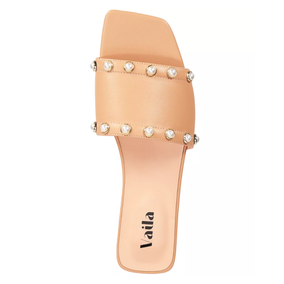 Vaila Dana Sand Pearl-Studded Flat Sandals, product view 2.
