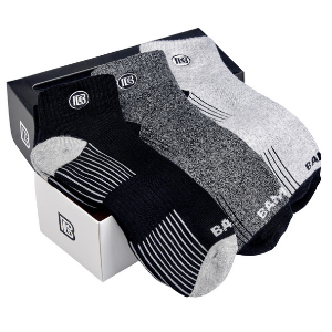 Bamboo Sports three-pair quarter-crew sock gift box in light gray, black, and heather gray