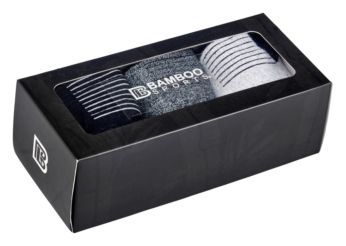 Bamboo Sports three-pair quarter-crew sock gift box in light gray, black, and heather gray