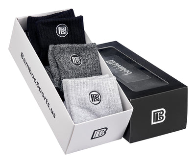 Bamboo Sports three-pair quarter-crew sock gift box in light gray, black, and heather gray
