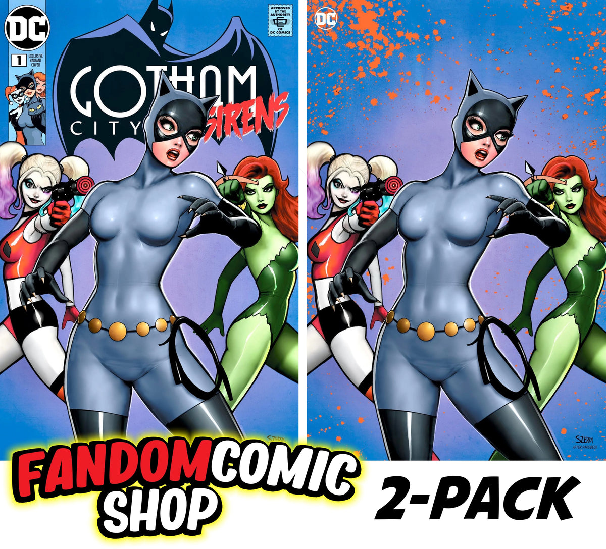 Nathan Szerdy trade-dress and virgin variant set for DC’s Gotham City Sirens #1, featuring Harley Quinn, Poison Ivy, and Catwoman in a Batman Adventures #12 homage.